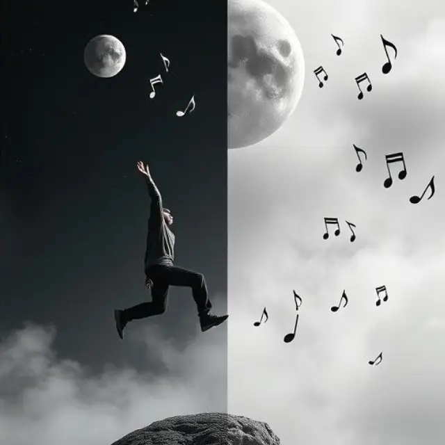 imagem gerada por ia de um menino pulando da terra até a lua entre notas musicais